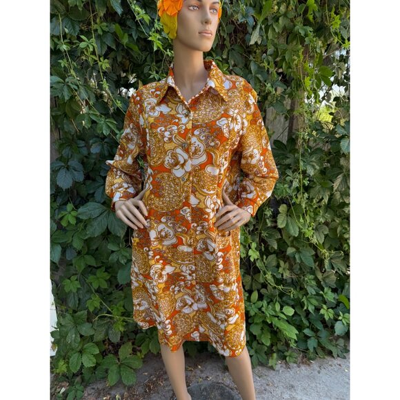 Vintage 60s 70s Coral Orange WHITE GOLD Psychedelic Floral Dagger Shirt Dress Sz - Picture 1 of 14